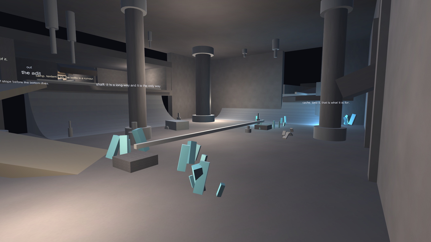 A wide underground hall: heavy grey rock columns holding up a low ceiling, a pale sloping floor, pale blue crystal shards growing out of the ground, a cyan glow at the far right and a rail running across the floor.