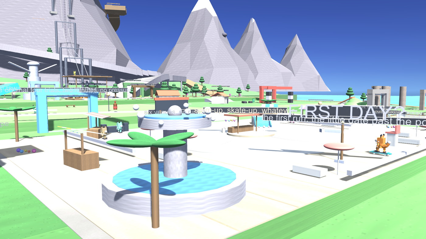 The marketplace plaza at the centre of the resort, stalls and awnings around an open paved square with the terraces rising behind.
