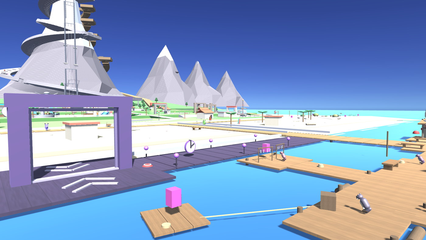 An open pavilion on the south shore, timber posts and a shallow roof, sand and breaking surf beyond it.