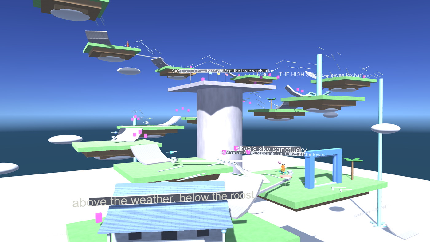 Grassy islands floating in bright sky around a central tower, linked by rising columns of air.