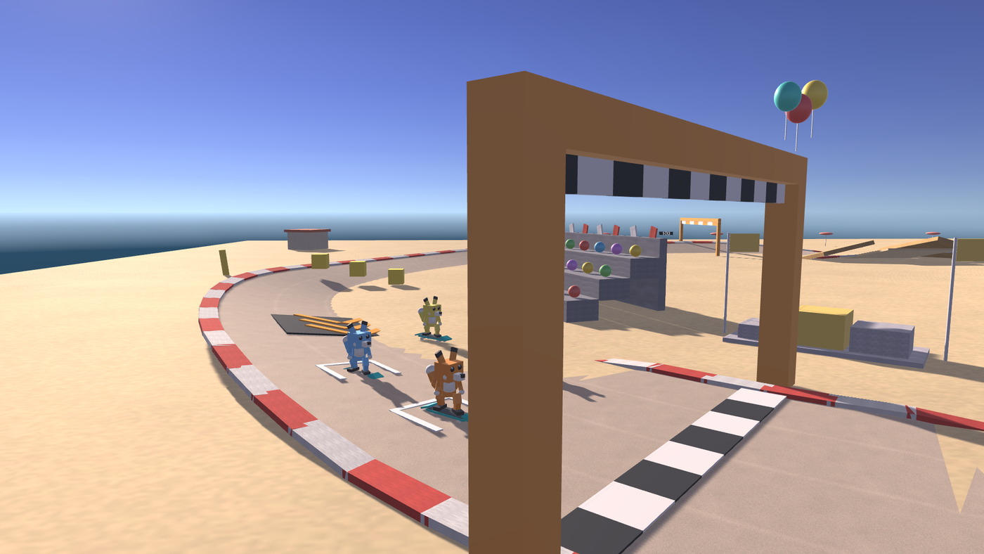 A banked coastal race course with red-and-white curbs, a boost pad on the apex and a start arch ahead.