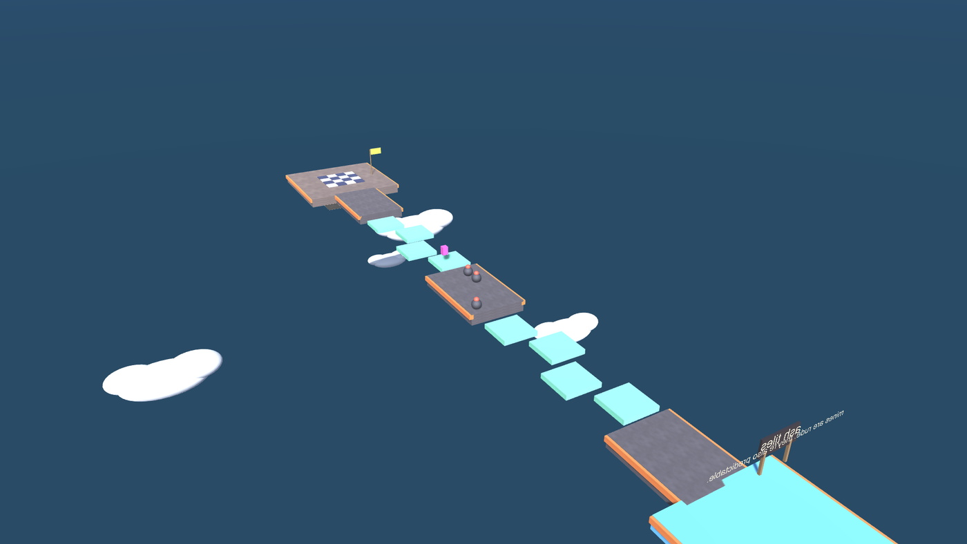 A narrow platform run hanging in open sky, gems spaced along the path and a lit finish pad ahead.