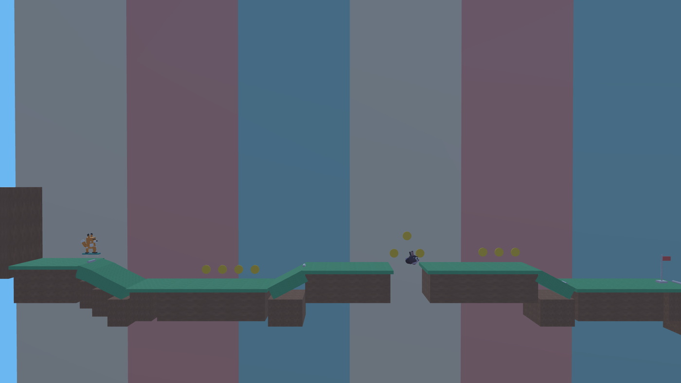 A flat side-scrolling level seen straight on: blocks, coins, a spring and a goal flag on a single horizontal plane.