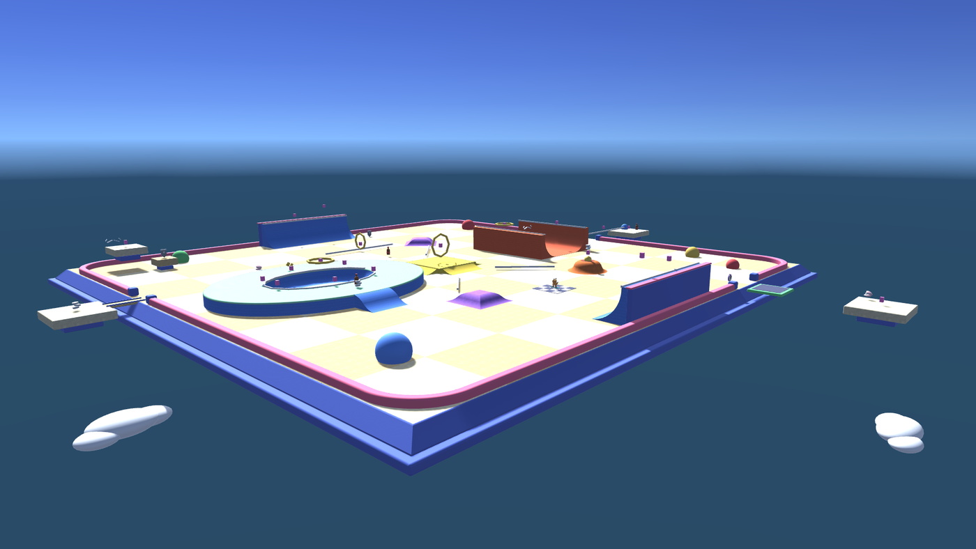 A floating sky park: an oval bowl ringed with coping, a halfpipe and curved quarter-pipes hanging over open sky.
